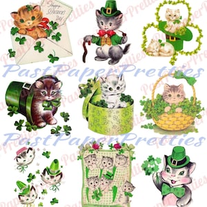9 imágenes de tarjetas vintage del Día de San Patricio. Hoja de collage de lindos gatitos. Todos los gatitos. Descarga digital instantánea PNG JPEG.