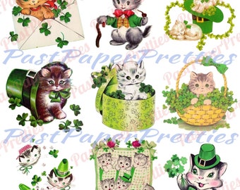 9 Vintage St. Patricks Day Card Images Cute Kitty Cats Collage Sheet All Kitties Printable Instant Digital Download PNG JPEG