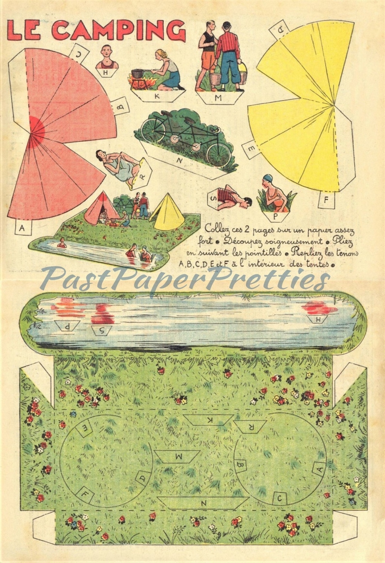 Vintage Camping Szene druckbare Papiermodell Ausschnitte Sofortiger digitaler Download Miniatur Menschen Camping Zelte Diorama 1930er Jahre Papierkunst Bild 1