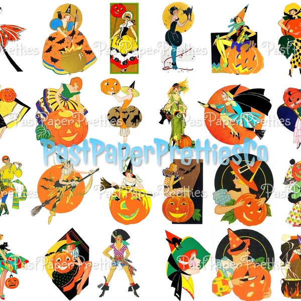 Vintage Art Deco Halloween Flapper Ladies Images Printable Collage Sheet Cards Tags Stamps PDF Instant Digital Download Spooky Glam 3 Sizes