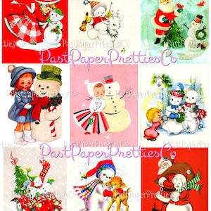 Vintage kerst afdrukbare MCM sneeuwpoppen en hun vrienden kerstkaart collageafbeeldingen pdf Instant digitale download sneeuwpop vriendschap