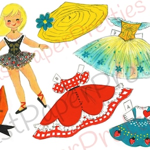 Bonecas de papel vintage, lindas e adoráveis meninas bailarinas e lindos trajes c. 1960, folhas de colagem para impressão em PDF, download digital instantâneo