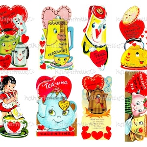 May include: A set of ten vintage Valentine's Day cards featuring illustrations of teapots, a girl, and a cupcake. The cards are printed on thick paper and have a colorful, whimsical design. The text on the cards includes phrases like "Got me whistling", "You're what makes me percolate", "I'm not tea-sing", "I'm in the bag", "Cupcake you're my cup of tea", and "Be mine".