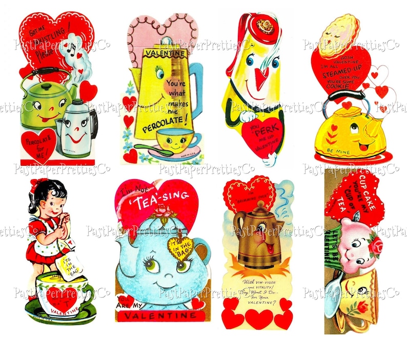 May include: A set of ten vintage Valentine's Day cards featuring illustrations of teapots, a girl, and a cupcake. The cards are printed on thick paper and have a colorful, whimsical design. The text on the cards includes phrases like "Got me whistling", "You're what makes me percolate", "I'm not tea-sing", "I'm in the bag", "Cupcake you're my cup of tea", and "Be mine".