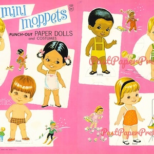 May include: A vintage paper doll set featuring six dolls with different hairstyles and outfits. The dolls are named Pam, Bobby, Tim, Joy, Hank, and Susie. The dolls are ready to be punched out and dressed up with the included paper clothes.