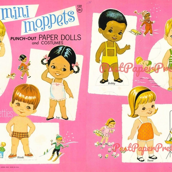 Vintage Paper Dolls Mini Moppets c. 1969 Printable PDF Instant Digital Download Kitsch Cute Big Eyed Girls Boys Clip Art