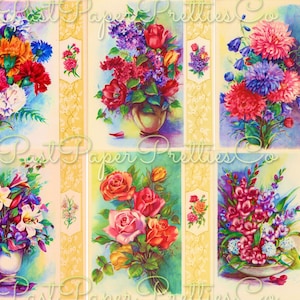 Bouquets de compositions florales assez lumineuses à imprimer vintage, collages de cartes d'art, 12 images PDF Téléchargement numérique instantané Floral Clipart