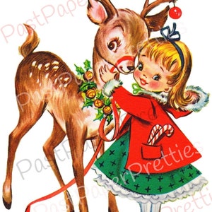 Vintage Printable Cute Christmas Girl and Reindeer Card Image Retro 1950s PDF Instant Digital Download Kitsch Holiday Clipart JPEG PNG