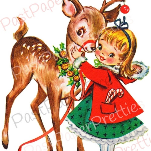 Vintage Printable Cute Christmas Girl and Reindeer Card Image - Etsy
