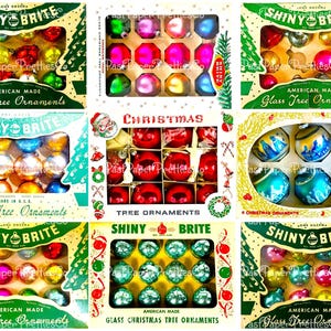 Imagens de colagem de ornamentos brilhantes Brite para impressão de Natal vintage PDF Download digital instantâneo Caixas de ornamentos de vidro MCM Kitsch Clipart