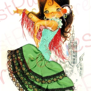 Vintage Printable Pretty Big Eyed Spanish Dancer Girls 1970s Postcard Images PDF Instant Digital Download Kitsch Fabric Dresses 300 dpi image 4