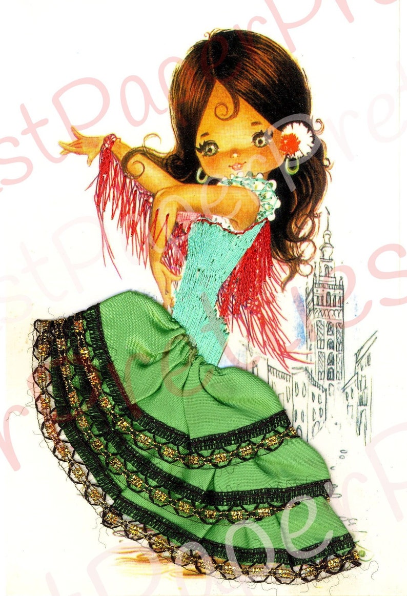 Vintage Printable Pretty Big Eyed Spanish Dancer Girls 1970s Postcard Images PDF Instant Digital Download Kitsch Fabric Dresses 300 dpi image 4