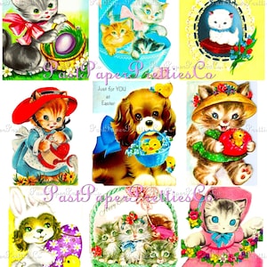 36 immagini di biglietti di Pasqua vintage, tutti gatti, cuccioli, cani, fogli di collage e biglietti singoli PDF, download digitale istantaneo, simpatici animali domestici