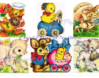May include: Six vintage Easter cards featuring illustrations of a duck, chick, bunny, and lamb. The cards have a variety of colors and designs, including blue, pink, yellow, and green. The cards have text that says "Happy Easter!" and "Easter Greetings".