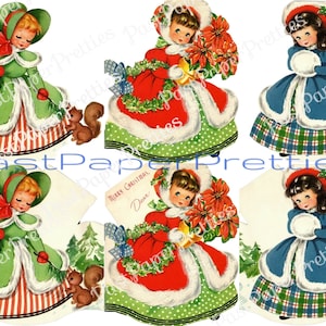 Vintage druckbare hübsche altmodische Weihnachtsmädchen-Weihnachtskartenbilder c. 1940s PDF Sofortiger digitaler Download Weihnachten Clipart 300 dpi
