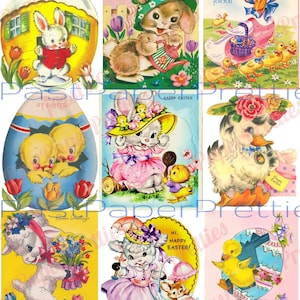 54 Cartões de Páscoa de animais para impressão vintage, coelhinhos fofos, cordeiros, pintinhos, imagens em PDF, download digital instantâneo, clipart de bicho antropomórfico
