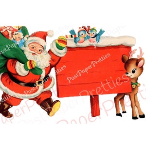 Cartão de Natal Vintage para Imprimir, Placa Retro de Papai Noel, Imagem de Rena do Pólo Norte, c. Década de 1940, Download Digital Instantâneo, Clip Art de Férias Kitsch