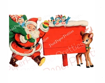 May include: Santa Claus carrying a bag of gifts and a doll, walking towards a red sign with the text "PastPaperPretties" on it. A reindeer is standing behind the sign, looking at Santa.