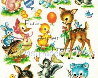 Vintage Retro Nursery Baby Animals Printable Decals Images Collage Sheet Instant Digital Download Lot of 9 Cute Designs 1950s