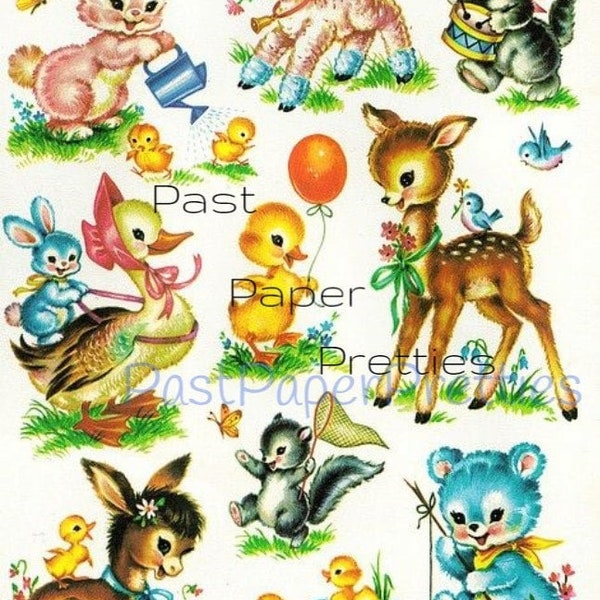 Vintage Retro Nursery Baby Animals Printable Decals Images Collage Sheet Instant Digital Download Lot of 9 Cute Designs 1950s