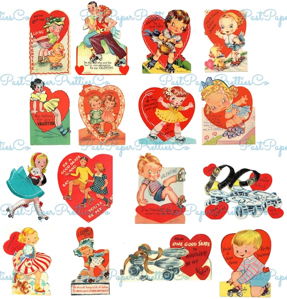 Vintage Printable Valentines Day Cards Rollerskating Girls and Boys All  Roller Skate Themed Collage Sheets PDF Instant Digital Download 