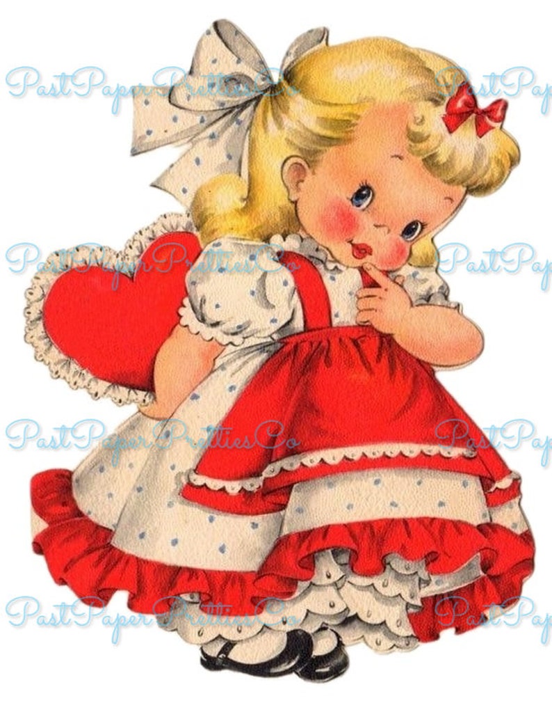 Biglietto di San Valentino vintage stampabile, carino, timido, grazioso, piccola signorina di San Valentino, immagine anni '50 circa, PDF, download digitale immediato, JPEG, PNG 300 dpi immagine 3