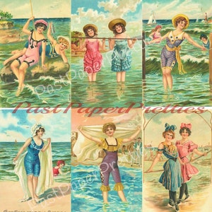 Imagens de cartões postais de praia de belezas vitorianas para impressão vintage 1905 PDF Download digital instantâneo 6 lindas moças antigas 300 dpi