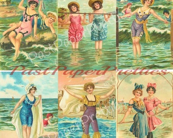 Vintage Printable Victorian Bathing Beauties Beach Postcard Images c. 1905 Instant Digital Download Set of 6 Pretty Victorian Ladies 300 dpi