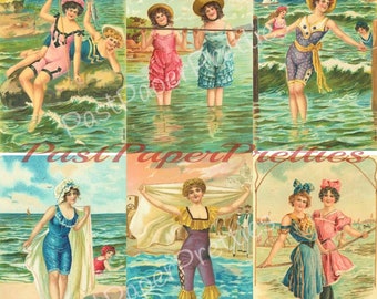 Vintage Printable Victorian Bathing Beauties Beach Postcard Images 1905 PDF Instant Digital Download 6 Pretty Old Timey Ladies 300 dpi