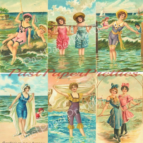 Vintage Printable Victorian Bathing Beauties Beach Postcard Images c. 1905 Instant Digital Download Set of 6 Pretty Victorian Ladies 300 dpi
