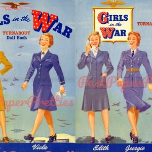 Vintage Papierpuppen Mädchen im Krieg Wendepuppenbuch c. 1943 Druckbare PDF Sofortiger digitaler Download WWII Ära Girl Power Kriegsdamen