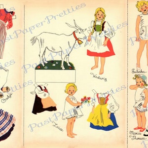 Hojas de collage de muñecas de papel internacionales antiguas, lindas muñecas holandesas, suizas y alemanas recortables, de la década de 1930, PDF imprimible, descarga digital instantánea
