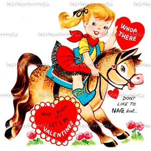 Vintage Cowgirl mignonne à imprimer pour la Saint-Valentin avec image de carte de cheval v. Téléchargement numérique instantané des années 1950 JPEG PNG