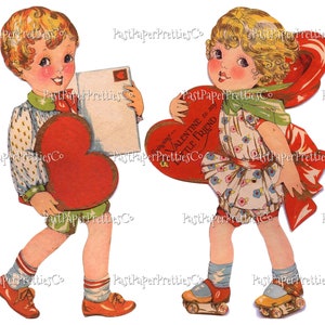 Tarjetas de San Valentín vintage para imprimir. Linda niña y niño patinando sobre ruedas con imágenes de letras. Años 20. Descarga digital instantánea en formato PDF. Art Deco para niños.