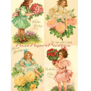 Imágenes de postales vintage con bonitas flores de San Valentín para niñas, descarga digital instantánea, imágenes prediseñadas de adorables damas eduardianas