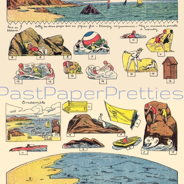 Vintage 1920s Lakeside Bathers Boaters Scene Printable Paper Craft Instant Digital Download Miniature Cottage Beach Swimming Diorama Playset