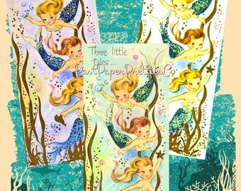 Vintage Printable Cute Mermaid Greeting Card Image 1957 Three Little Tales to Tell PDF Instant Digital Download Three Color Schemes 300 dpi