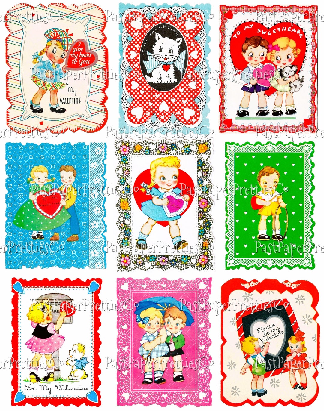 18 Vintage Printable Valentine Cards Big Eyed Kids Doily Collage And Single Images PDF Instant