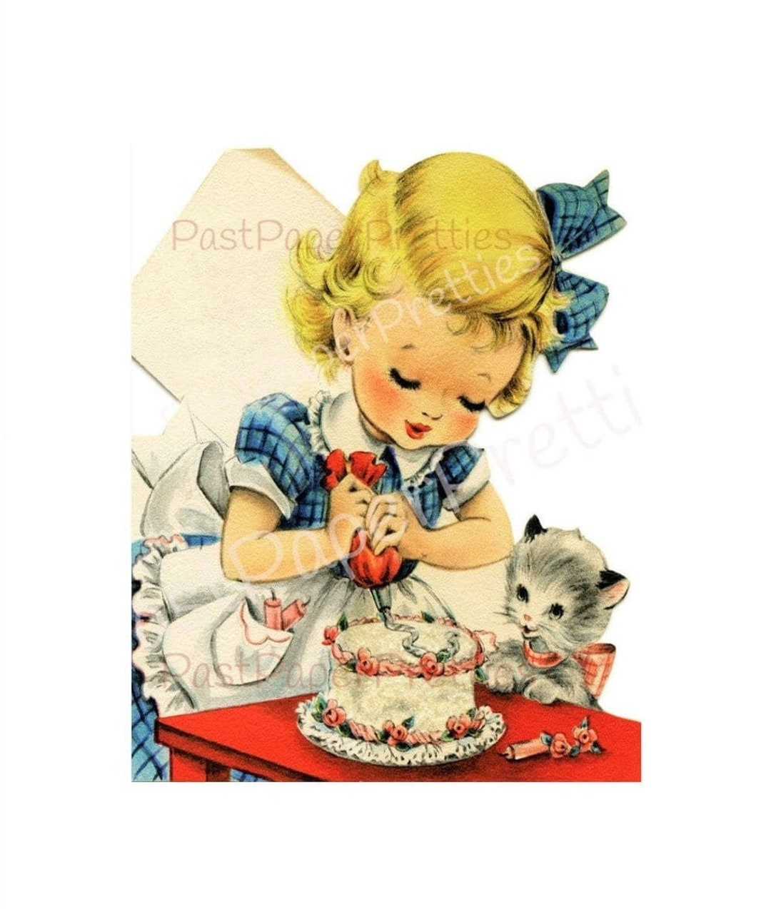 Vintage Printable Cute Little Girl and Cake Kitten Happy Birthday ...