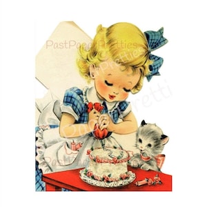 Vintage petite fille mignonne à imprimer et gâteau chaton joyeux anniversaire carte de voeux ou étiquette Image en téléchargement numérique instantané Kitsch Kawaii Clip Art