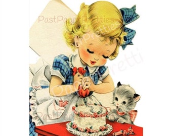 Vintage Printable Cute Little Girl and Cake Kitten Happy Birthday Greeting Card or Tag Image Instant Digital Download Kitsch Kawaii Clip Art