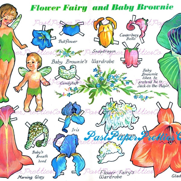 Vintage Paper Dolls Jolie fée des fleurs et son bébé brownie v. Feuille de collage imprimable des années 1960 en téléchargement numérique instantané Forest Fantasy Clipart