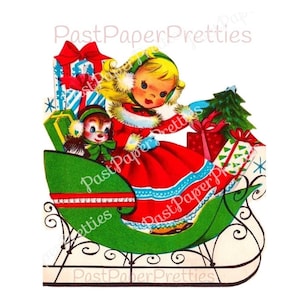 Image de carte vintage imprimable petite fille Noël traîneau jolie fille vacances traîneau c. Clipart Noël en téléchargement numérique instantané des années 1950 PNG JPEG 300 dpi
