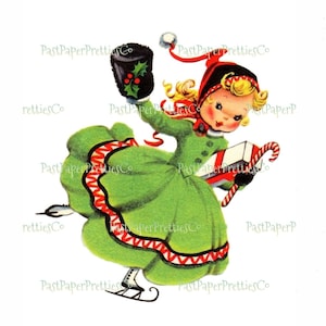 Vintage druckbare kleine Fräulein Weihnachten Mädchen Skating Karte Bild grünes Kleid Sofortiger digitaler Download Kitsch niedlichen Urlaub Clipart JPEG PNG