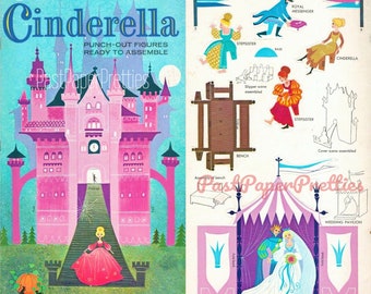 Conjunto de bonecas de papel vintage da Cinderela para recortar, imprimível, 1962, PDF para download digital instantâneo, lindo conjunto de artesanato em papel de conto de fadas.