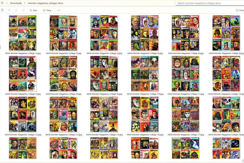 May include: A collection of vintage monster magazine covers, featuring classic horror characters and themes. The covers showcase vibrant colors, bold fonts, and iconic imagery from the horror genre. The magazines are arranged in collages.