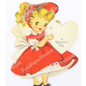 vintage carte de la Saint-Valentin imprimable mignonne petite image de jolie petite fille timide robe rouge bonnet v. Téléchargement numérique instantané des années 50, 300 dpi