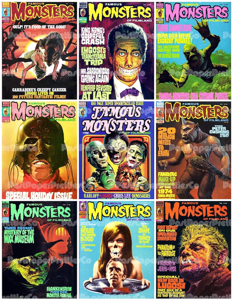 May include: A collection of vintage "Famous Monsters of Filmland" magazine covers. The covers feature colorful illustrations of classic horror movie monsters, with bold text and issue numbers. The magazines are from the 1970s.