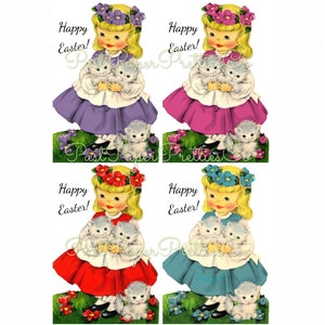 Vintage Petites filles de Pâques à imprimer avec des couronnes de fleurs et des chatons env. Célibataires et styles de collage en téléchargement numérique instantané des années 1950