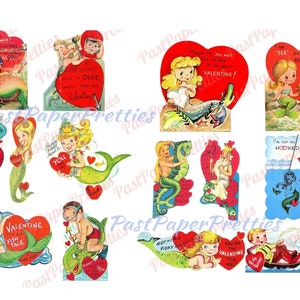 14 images vintage de cartes triton sirènes rétro Saint-Valentin imprimables PDF Téléchargement numérique instantané Kitsch Kawaii mignon sirène Clip Art 300 dpi